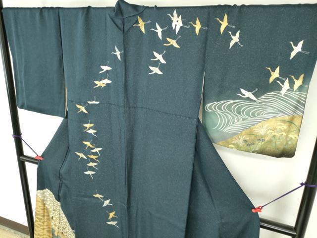 平和屋着物●訪問着　作家物　手描き　飛鶴流水花文　暈し染め　金銀彩　金通し地　ロング丈　正絹　逸品　DABH0709op