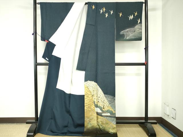 平和屋着物●訪問着　作家物　手描き　飛鶴流水花文　暈し染め　金銀彩　金通し地　ロング丈　正絹　逸品　DABH0709op