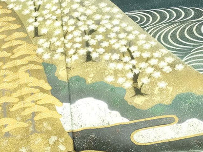 平和屋着物●訪問着　作家物　手描き　飛鶴流水花文　暈し染め　金銀彩　金通し地　ロング丈　正絹　逸品　DABH0709op