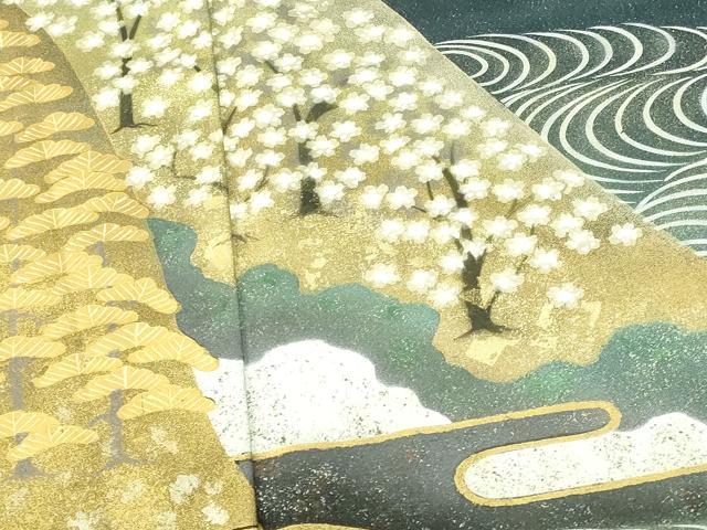 平和屋着物●訪問着　作家物　手描き　飛鶴流水花文　暈し染め　金銀彩　金通し地　ロング丈　正絹　逸品　DABH0709op