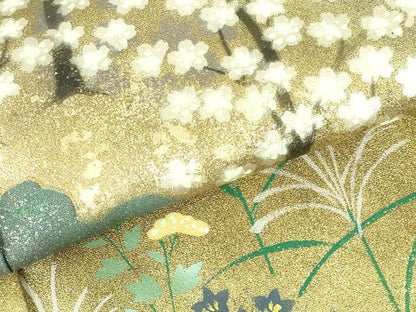 平和屋着物●訪問着　作家物　手描き　飛鶴流水花文　暈し染め　金銀彩　金通し地　ロング丈　正絹　逸品　DABH0709op