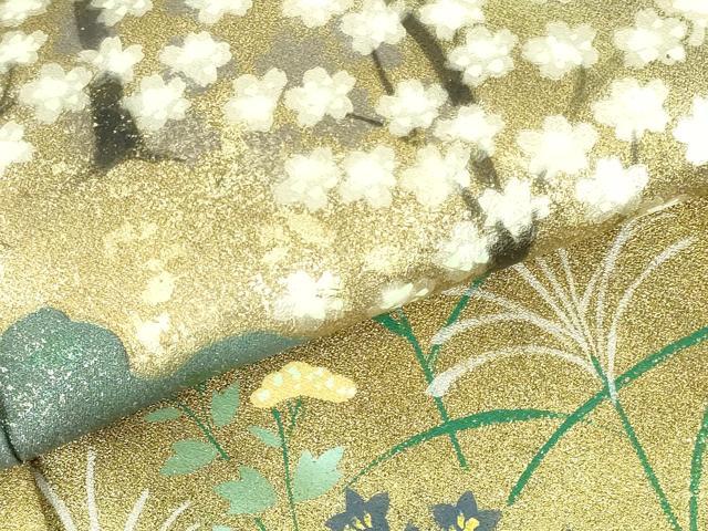 平和屋着物●訪問着　作家物　手描き　飛鶴流水花文　暈し染め　金銀彩　金通し地　ロング丈　正絹　逸品　DABH0709op