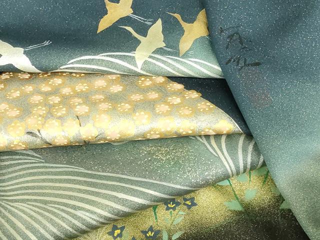 平和屋着物●訪問着　作家物　手描き　飛鶴流水花文　暈し染め　金銀彩　金通し地　ロング丈　正絹　逸品　DABH0709op