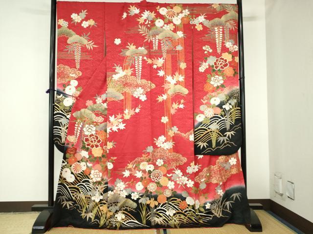 平和屋着物●豪華振袖　駒刺繍　牡丹　草花松文　暈し染め　金彩　正絹　逸品　DABH0715op