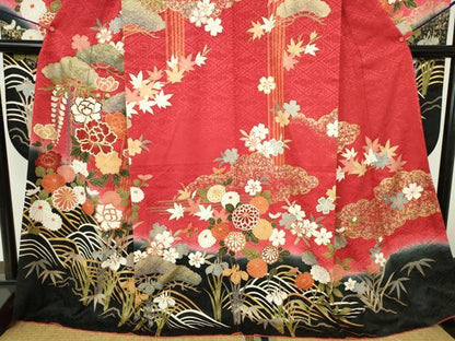 平和屋着物●豪華振袖　駒刺繍　牡丹　草花松文　暈し染め　金彩　正絹　逸品　DABH0715op