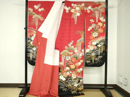 平和屋着物●豪華振袖　駒刺繍　牡丹　草花松文　暈し染め　金彩　正絹　逸品　DABH0715op