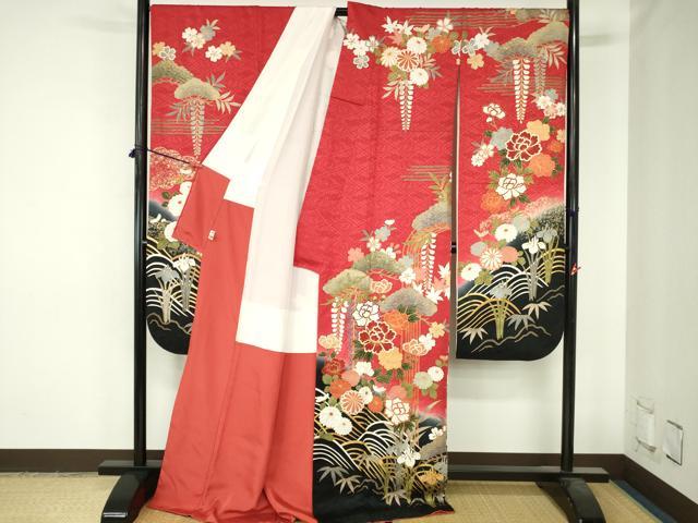 平和屋着物●豪華振袖　駒刺繍　牡丹　草花松文　暈し染め　金彩　正絹　逸品　DABH0715op