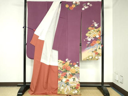 平和屋着物●豪華振袖　駒刺繍　牡丹　笹の葉花文　暈し染　金彩　正絹　逸品　DABH0722op