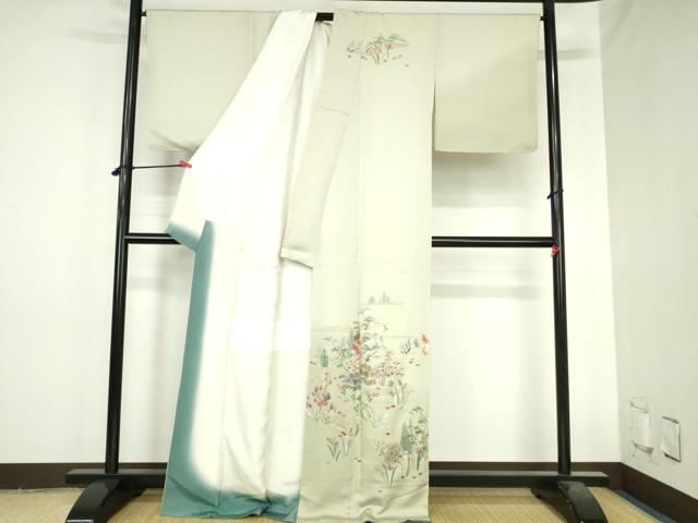 平和屋着物●訪問着　総刺繍　風景花文　暈し染　金糸　正絹　逸品　未使用　DABH0723op