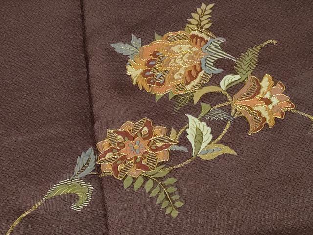 平和屋着物●訪問着　駒刺繍　総刺繍　更紗花文　金糸　鬼しぼ縮緬　ロング丈　正絹　逸品　DABH0748op