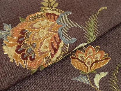 平和屋着物●訪問着　駒刺繍　総刺繍　更紗花文　金糸　鬼しぼ縮緬　ロング丈　正絹　逸品　DABH0748op