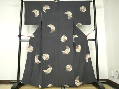 平和屋着物●上質な小紋　絞り　手描き　成り物　月　笹の葉　鬼しぼ縮緬　正絹　逸品　DABH0752op