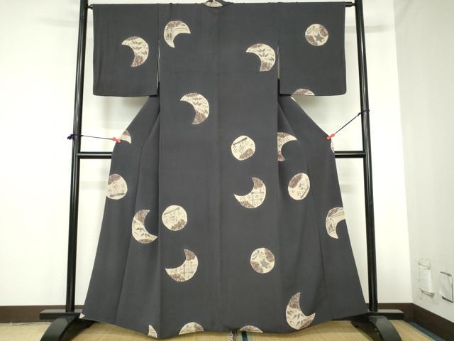 平和屋着物●上質な小紋　絞り　手描き　成り物　月　笹の葉　鬼しぼ縮緬　正絹　逸品　DABH0752op