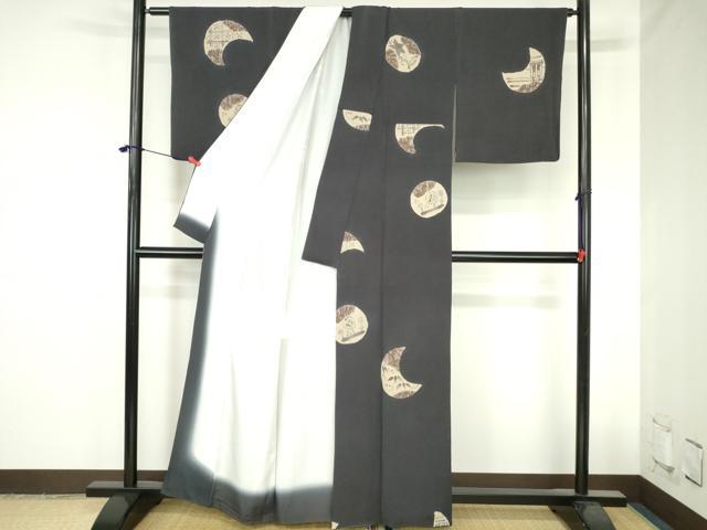 平和屋着物●上質な小紋　絞り　手描き　成り物　月　笹の葉　鬼しぼ縮緬　正絹　逸品　DABH0752op