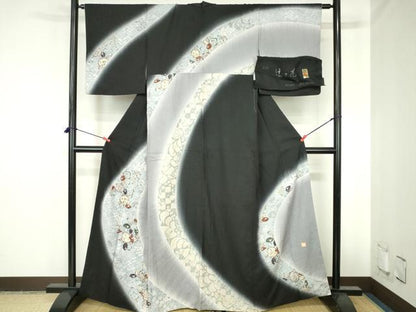 平和屋着物●伝統工芸士　内田初四郎　訪問着　京友禅　絞り　辻が花　暈し染め　黒地　反端付き　正絹　逸品　DABH0763op