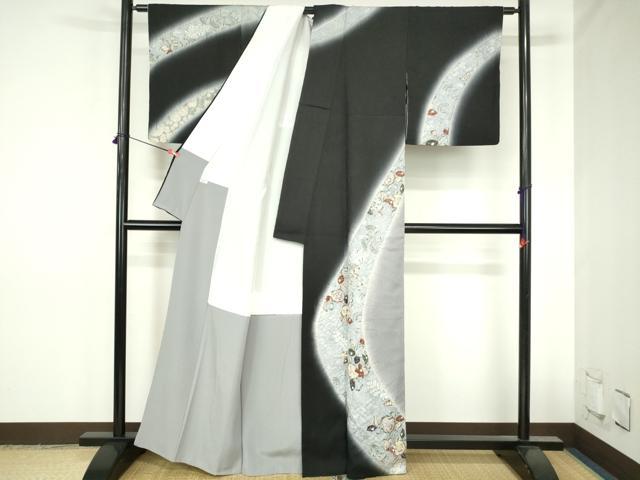 平和屋着物●伝統工芸士　内田初四郎　訪問着　京友禅　絞り　辻が花　暈し染め　黒地　反端付き　正絹　逸品　DABH0763op