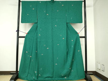 平和屋着物●上質な小紋　総刺繍　檜扇花文　金糸　正絹　逸品　DABH0784op
