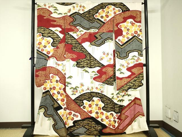 平和屋着物●十日町 名門青柳謹製　振袖　駒刺繍　絞り　道長菊文　金彩　正絹　逸品　DABH0785op