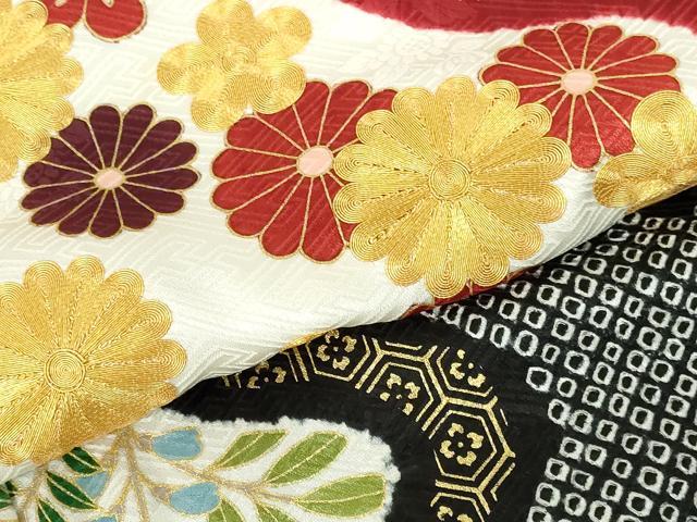 平和屋着物●十日町 名門青柳謹製　振袖　駒刺繍　絞り　道長菊文　金彩　正絹　逸品　DABH0785op