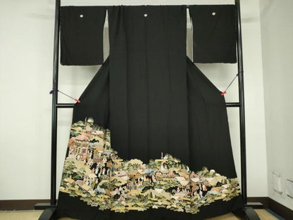 平和屋着物●豪華黒留袖　総刺繍　人物風景花文　金糸　仮絵羽　正絹　逸品　未使用　DABH0787op
