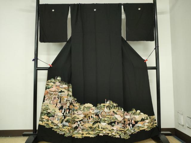 平和屋着物●豪華黒留袖　総刺繍　人物風景花文　金糸　仮絵羽　正絹　逸品　未使用　DABH0787op
