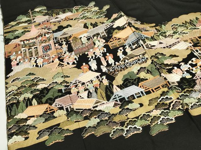 平和屋着物●豪華黒留袖　総刺繍　人物風景花文　金糸　仮絵羽　正絹　逸品　未使用　DABH0787op