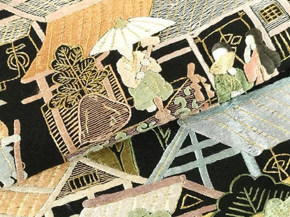 平和屋着物●豪華黒留袖　総刺繍　人物風景花文　金糸　仮絵羽　正絹　逸品　未使用　DABH0787op