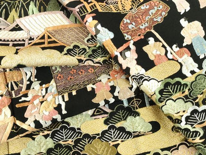 平和屋着物●豪華黒留袖　総刺繍　人物風景花文　金糸　仮絵羽　正絹　逸品　未使用　DABH0787op