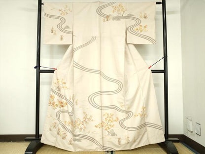 平和屋着物●訪問着　紬地　刺繍　流水花文　金彩　正絹　逸品　未使用　DABH0791op