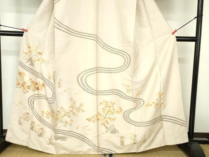 平和屋着物●訪問着　紬地　刺繍　流水花文　金彩　正絹　逸品　未使用　DABH0791op