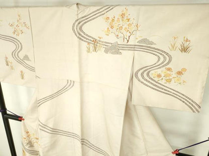 平和屋着物●訪問着　紬地　刺繍　流水花文　金彩　正絹　逸品　未使用　DABH0791op