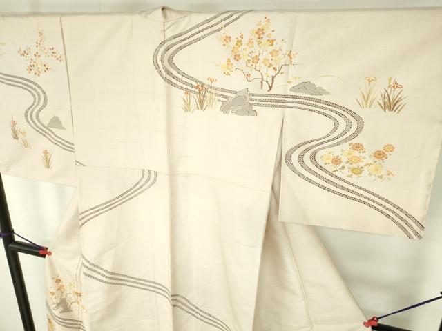平和屋着物●訪問着　紬地　刺繍　流水花文　金彩　正絹　逸品　未使用　DABH0791op