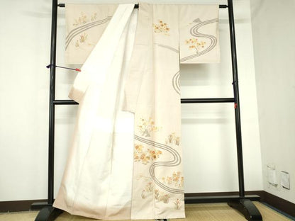 平和屋着物●訪問着　紬地　刺繍　流水花文　金彩　正絹　逸品　未使用　DABH0791op