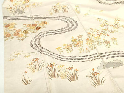 平和屋着物●訪問着　紬地　刺繍　流水花文　金彩　正絹　逸品　未使用　DABH0791op