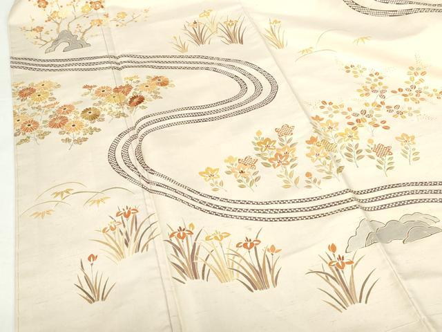 平和屋着物●訪問着　紬地　刺繍　流水花文　金彩　正絹　逸品　未使用　DABH0791op