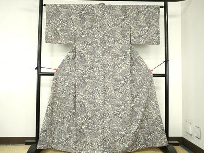 平和屋着物●上質な小紋　紬地　型染　笹の葉花文　正絹　逸品　DABH0795op