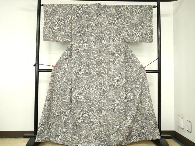 平和屋着物●上質な小紋　紬地　型染　笹の葉花文　正絹　逸品　DABH0795op