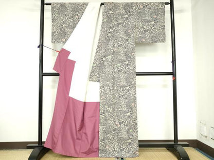 平和屋着物●上質な小紋　紬地　型染　笹の葉花文　正絹　逸品　DABH0795op