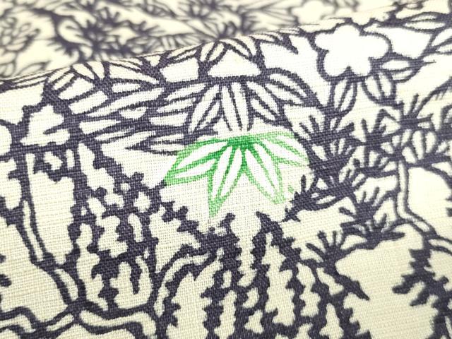 平和屋着物●上質な小紋　紬地　型染　笹の葉花文　正絹　逸品　DABH0795op