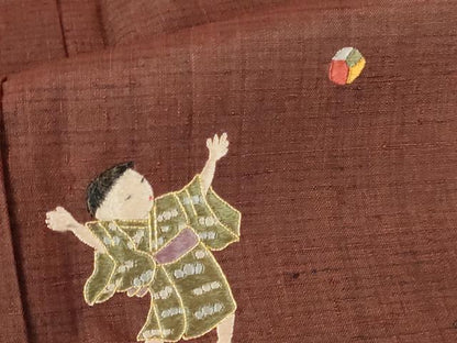 平和屋着物●訪問着　紬地　駒刺繍　総刺繍　童子遊び　正絹　逸品　DABH0817op