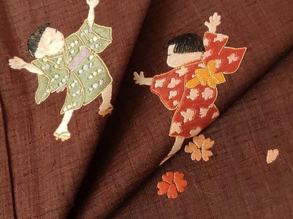 平和屋着物●訪問着　紬地　駒刺繍　総刺繍　童子遊び　正絹　逸品　DABH0817op