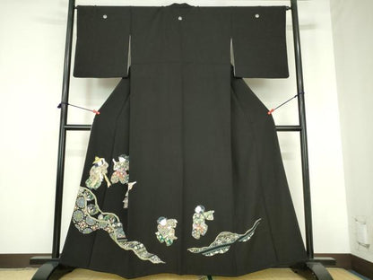 平和屋着物●豪華黒留袖　友禅　童子遊び　道長花鳥文　正絹　逸品　DABH0839op