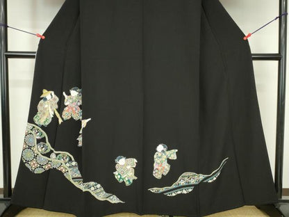平和屋着物●豪華黒留袖　友禅　童子遊び　道長花鳥文　正絹　逸品　DABH0839op