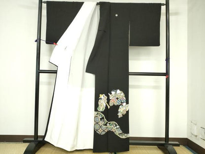 平和屋着物●豪華黒留袖　友禅　童子遊び　道長花鳥文　正絹　逸品　DABH0839op