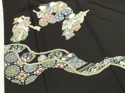 平和屋着物●豪華黒留袖　友禅　童子遊び　道長花鳥文　正絹　逸品　DABH0839op