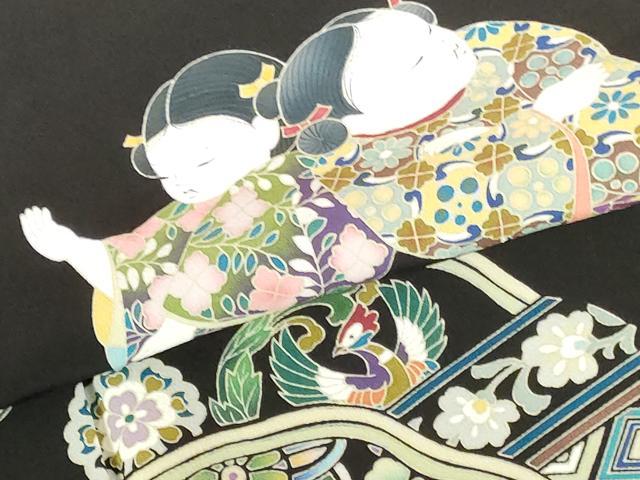 平和屋着物●豪華黒留袖　友禅　童子遊び　道長花鳥文　正絹　逸品　DABH0839op