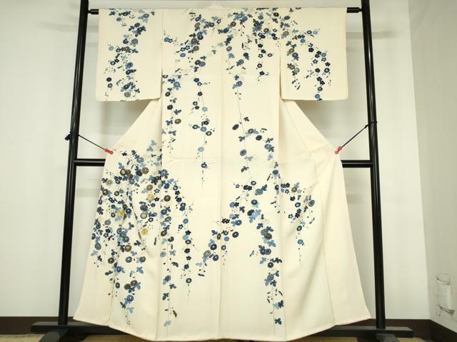 平和屋着物●訪問着　駒刺繍　藍　枝垂れ花　金彩　正絹　逸品　DABH0842op