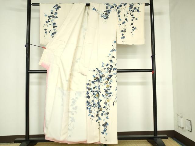 平和屋着物●訪問着　駒刺繍　藍　枝垂れ花　金彩　正絹　逸品　DABH0842op
