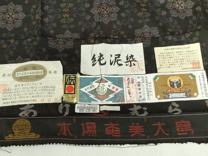 平和屋着物●本場大島紬　9マルキ　古代染色　純泥染　花唐草文　有村紬工場謹製　上代78万　証紙付き　正絹　逸品　DABH0845op