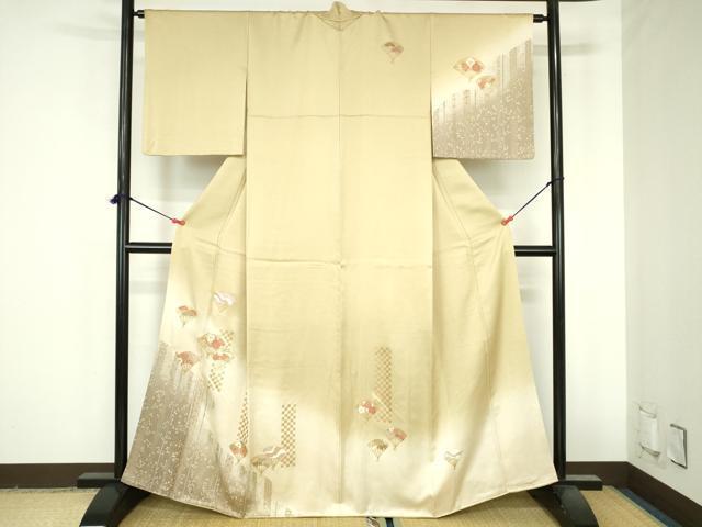 平和屋着物●訪問着　扇面花文　暈し染め　金彩　反端付き　正絹　逸品　DABH0850op